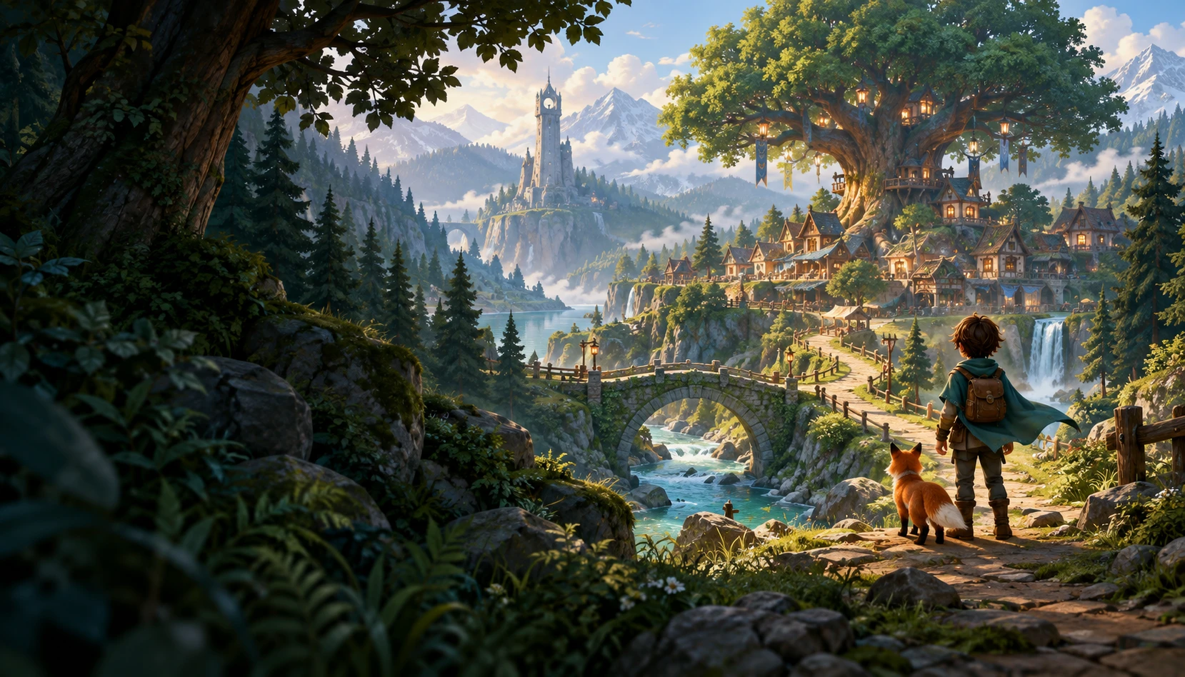 Concept artwork of an inviting mountain valley, a village, a winding path, and an explorer with a fox companion.